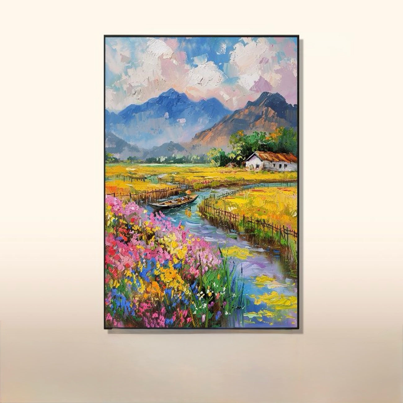 River Village — Impressionist Countryside at Golden Hour, Canvas Art Print