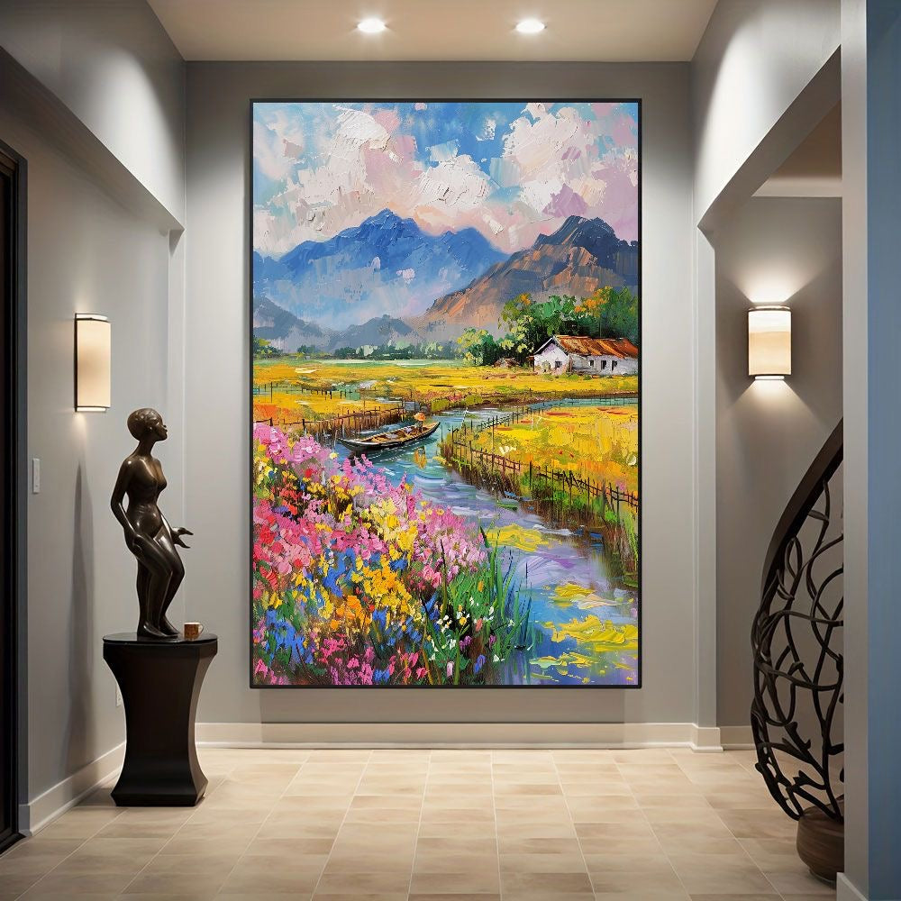 River Village — Impressionist Countryside at Golden Hour, Canvas Art Print