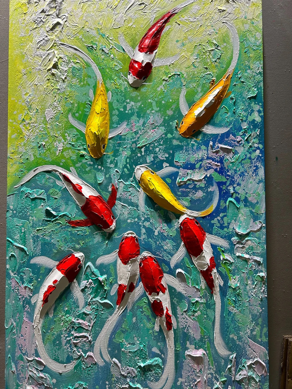 Nine Koi, One Fortune — Golden Edition · Hand Painted Original