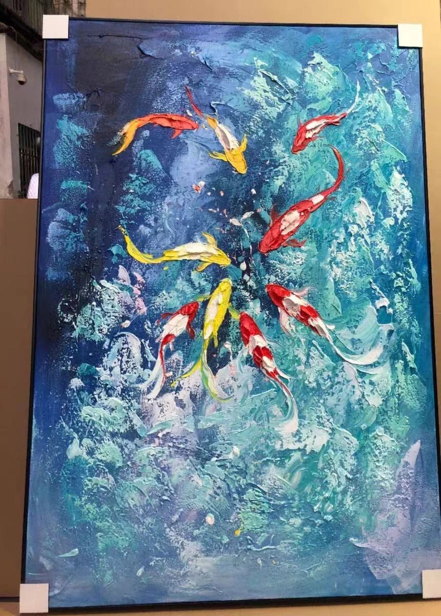 Nine Koi, One Fortune — Midnight Edition · Hand Painted Original