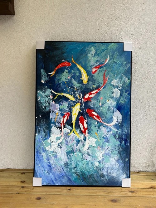 Nine Koi, One Fortune — Midnight Edition · Hand Painted Original